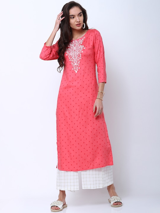 Vishudh - Women Coral & White Printed Straight Kurta