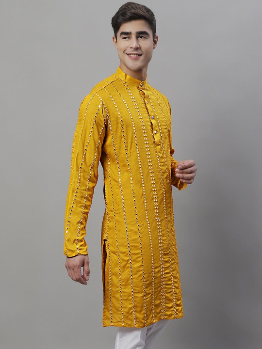 Jompers - Striped Band Collar Thread Work Straight Kurta