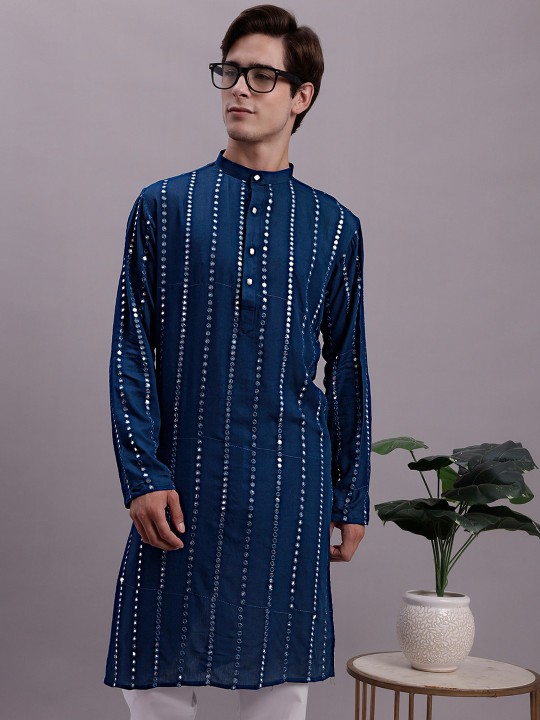 Jompers - Embellished Band Collar Mirror Work Detail Kurta