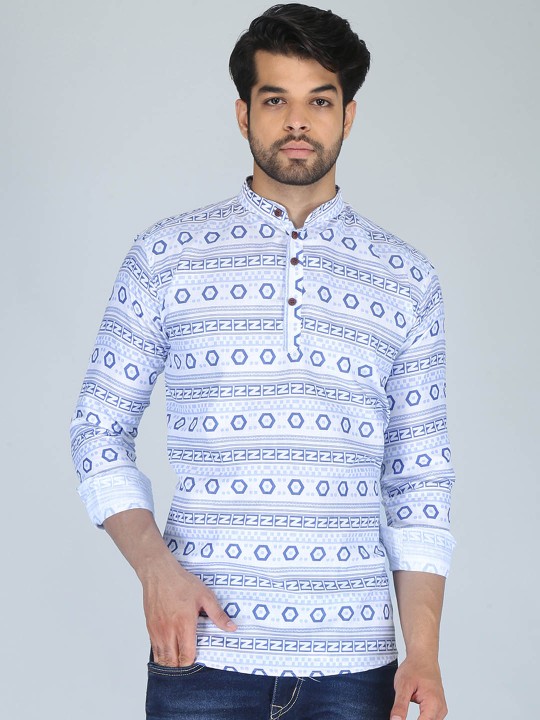 FUBAR - Regular Fit Geometric Printed Band Collar Long Sleeve Shirt