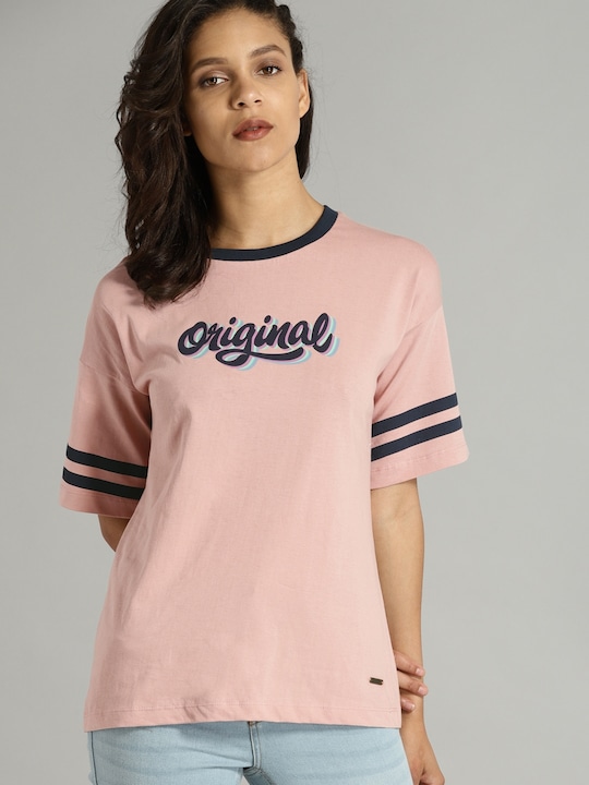 Roadster - Time Travlr Women Pink Printed Round Neck Pure Cotton T-shirt