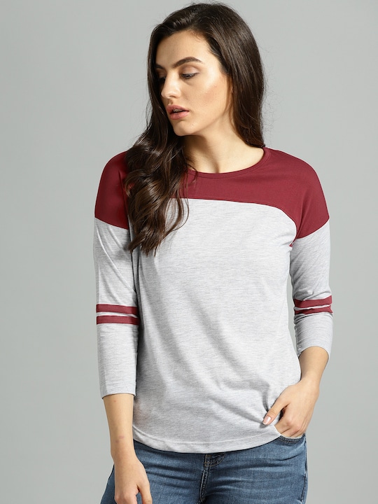 Roadster - Women Grey Melange & Maroon Colourblocked Round Neck T-shirt