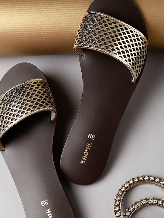 Anouk - Women Gold-Toned Woven Design Synthetic Open Toe Flats
