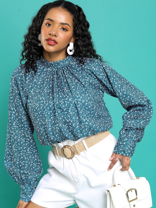 Tokyo Talkies - Teal Blue Floral Printed Gathered or Pleated Blouson Crop Top