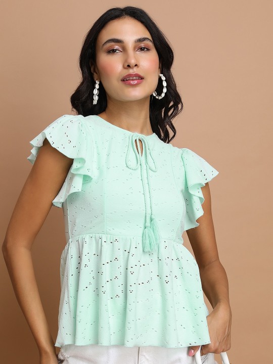 Tokyo Talkies - Self Design Tie-Up Neck Flutter Sleeves Schiffli Detail Peplum Top