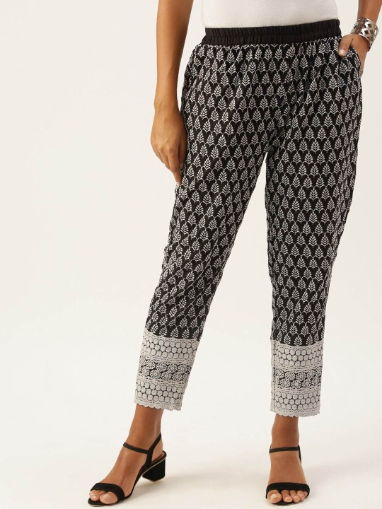 all about you - Women Floral Embroidered Relaxed Straight Leg Easy WashCotton Trousers