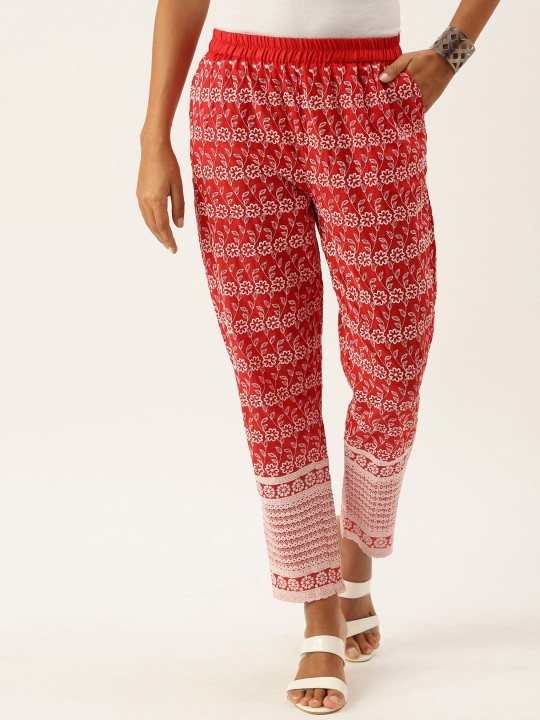 all about you - Women Floral Embroidered Relaxed Straight Leg Easy WashCotton Trousers