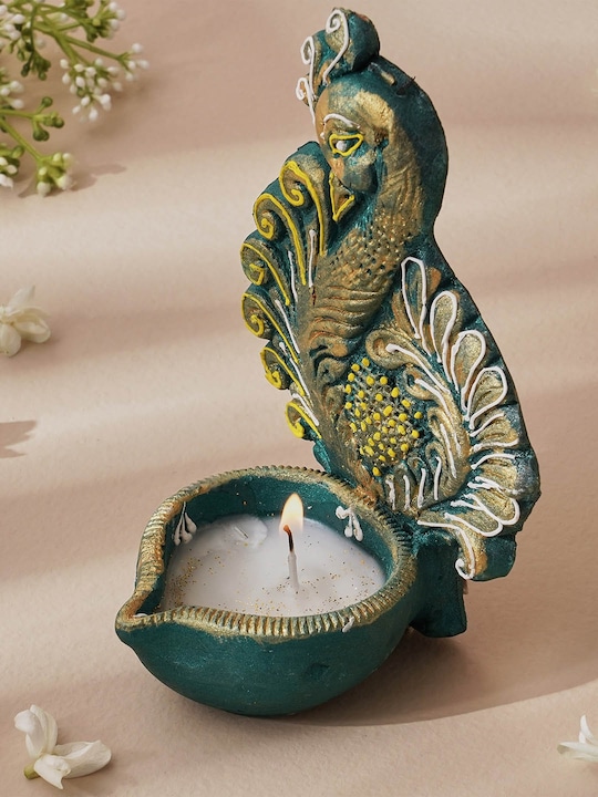Home Centre - Corsica Fest Teal Green & Yellow Clay Peacock Diya Candle
