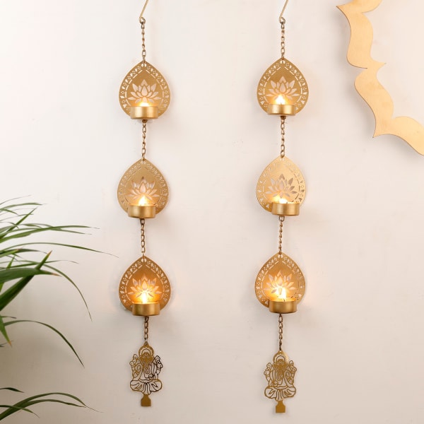 Lotus With Ganesha Wall Hanging - Tea Light Holder With Candle - Set Of 2 - Lotus With Ganesha Wall Hanging - Tea Light Holder With Candle - Set Of 2