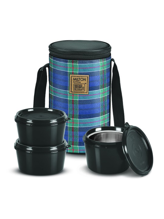 Milton - Navy Blue Lofty Tiffin 3 Microwave Safe Inner Steel Containers With Jacket