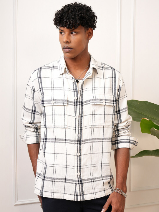 LOCOMOTIVE - Men Premium Mocklino Dobby Textured Checked Oversized Overshirt