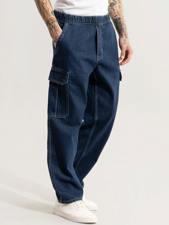 Snitch - Men Navy Blue Mid-Rise Clean Look Pure Cotton Baggy Jeans