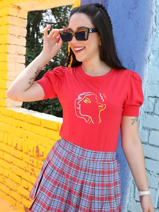 PINACOLADA - Round Neck Puff Sleeves Top