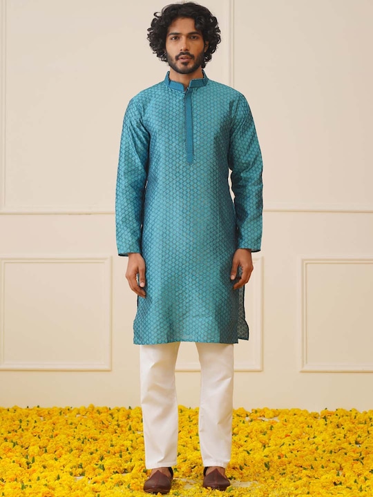 Jompers - Ethnic Motifs Embroidered Mandarin Collar Jacquard Silk & Cotton Straight Kurta