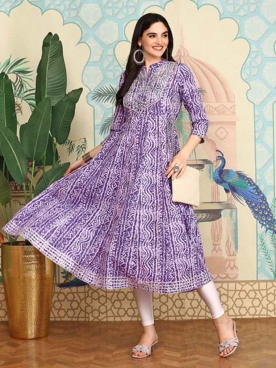 Ishin - Ethnic Motifs Printed Mandarin Collar Sequined  A-line Kurta