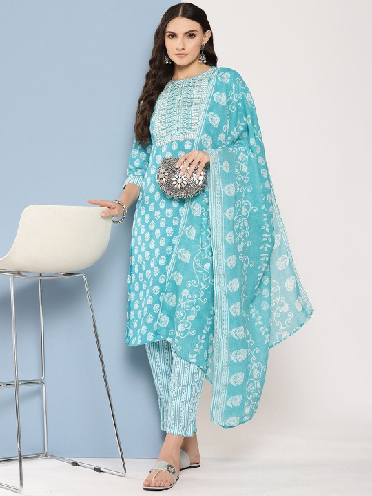 Indo Era - Floral Printed Sequinned Pure Cotton Straight Kurta With Trousers & Dupatta