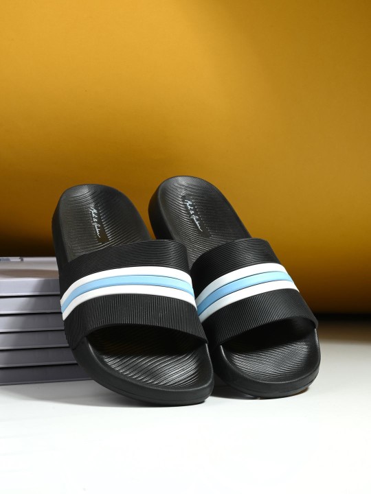 Mast & Harbour - Men Black Striped Rubber Sliders