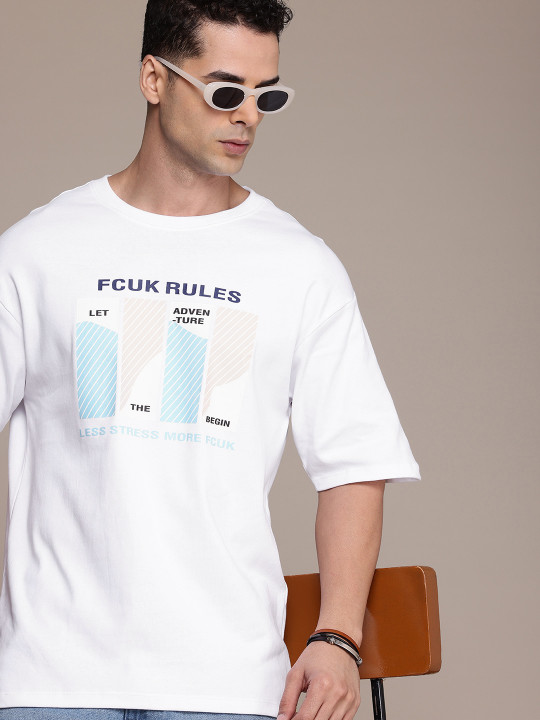 FCUK - Printed Drop-Shoulder Sleeves Pure Cotton Relaxed Fit T-shirt