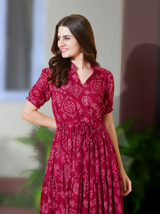 FLOWERVELLY - Women Puff Sleeves Fit & Flare Midi Dress