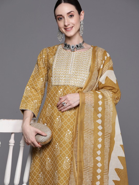 Indo Era - Ethnic Motifs Embroidered Pure Cotton Straight Kurta With Trousers & Dupatta
