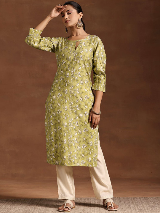 Gerua By Libas - Floral Printed Keyhole Neck Puff Sleeves Straight Kurta