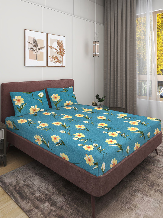 Myntra Elegant Homes - Teal Floral Microfiber 144 TC Queen Bedsheet with 2 Pillow Covers-88 x 95 inches