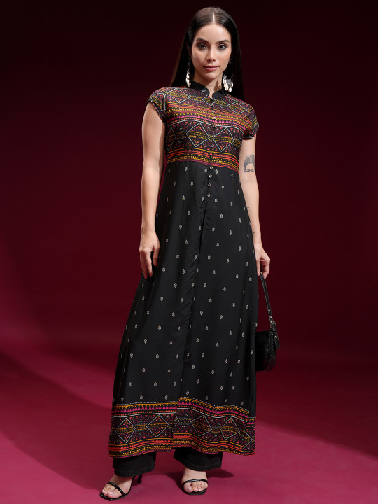 Vishudh - Geometric Printed Mandarin Collar Short Sleeves A-line Kurta