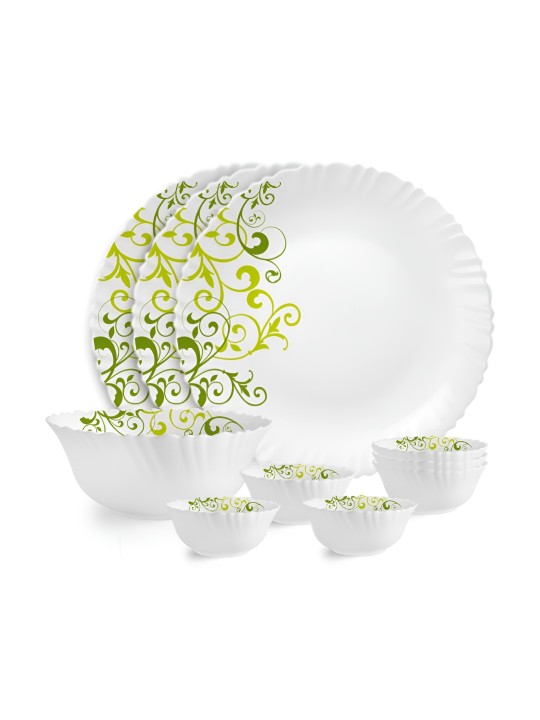 Cello - Dazzle White and Green 10 Pieces Opalware Microwave Safe Dinner Set
