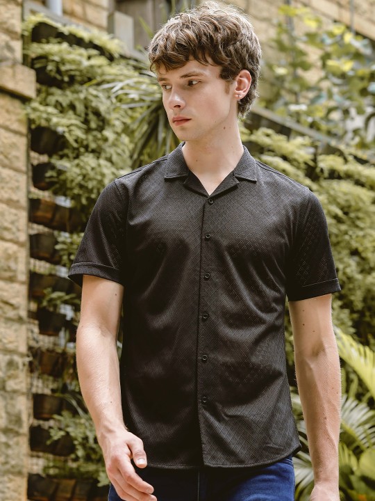 HERE&NOW - Men Cuban Collar Textured Slim Fit Casual Shirt