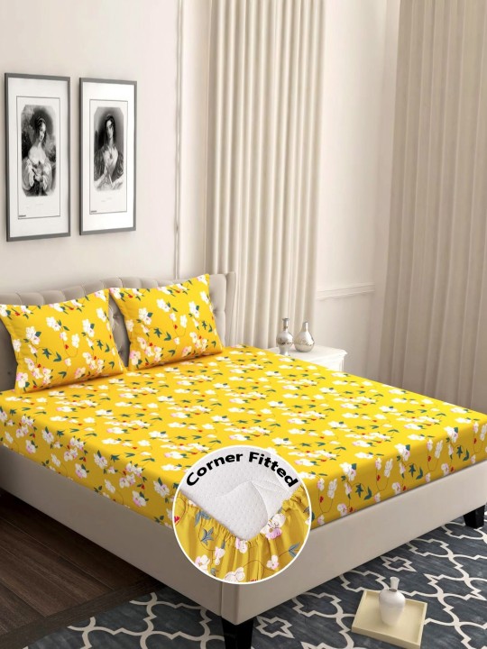 bsb home - Yellow & White Floral 210 TC Queen Bedsheet with 2 Pillow Covers