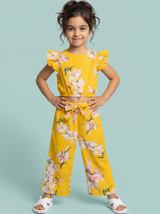 Nauti Nati - Girls Yellow Floral Print Cotton Ruffle Sleeve Round Neck Clothing Set