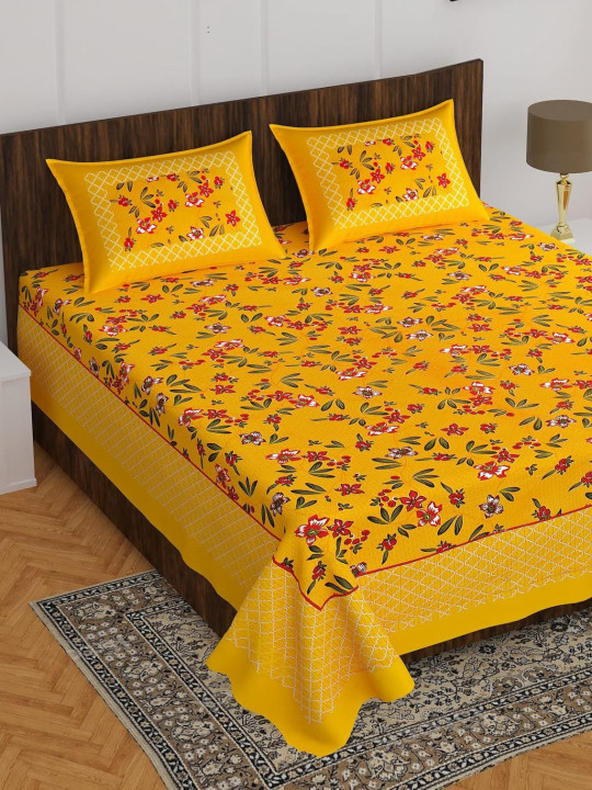 MAGICAL - Jaipuri Yellow Floral Cotton 104 TC Queen Bedsheet with 2 Pillow Covers-60 x 78 inches