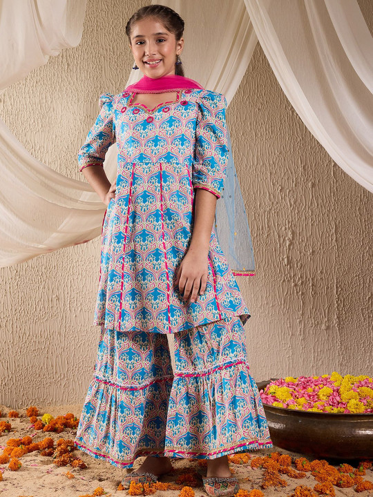 pspeaches - Girls Floral Printed Sweetheart Heart Pure Cotton Kurti With Sharara & Dupatta