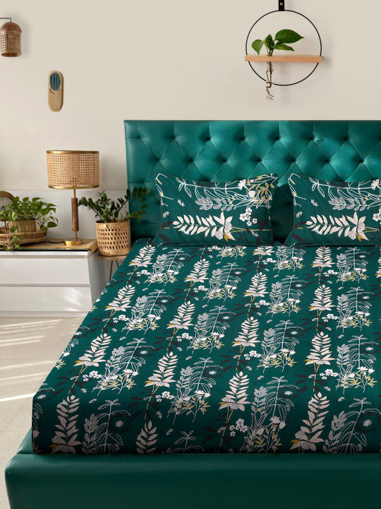 Myntra Elegant Homes - Green Floral Polycotton 300 TC Fitted King Fine Bedsheet with 2 Pillow Covers-98 x 89 inches