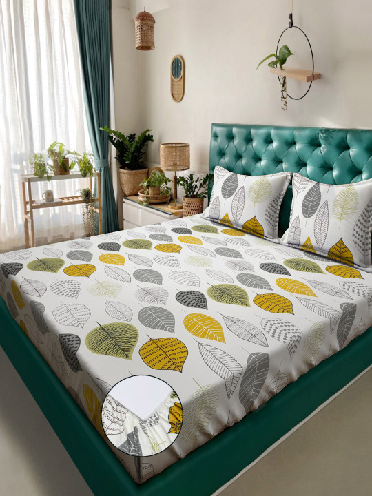 Myntra Elegant Homes - Cream Leaf Polycotton 300 TC Fitted King Fine Bedsheet with 2 Pillow Covers-98 x 89 inches