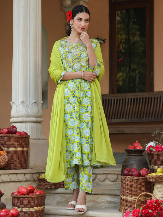 Janasya - Women Lime Green Pure Cotton Floral Printed Yoke Design A-line Kurta Set