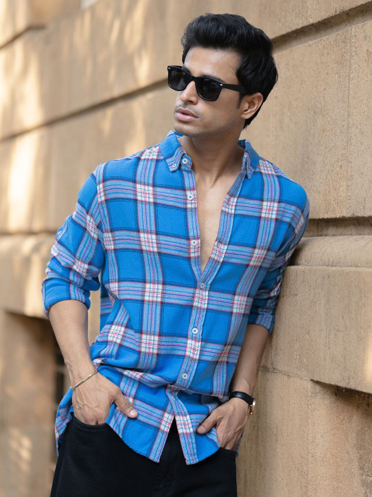 Powerlook - SS25 Brushed Checked Button-Down Collar Pure Cotton Casual Shirt