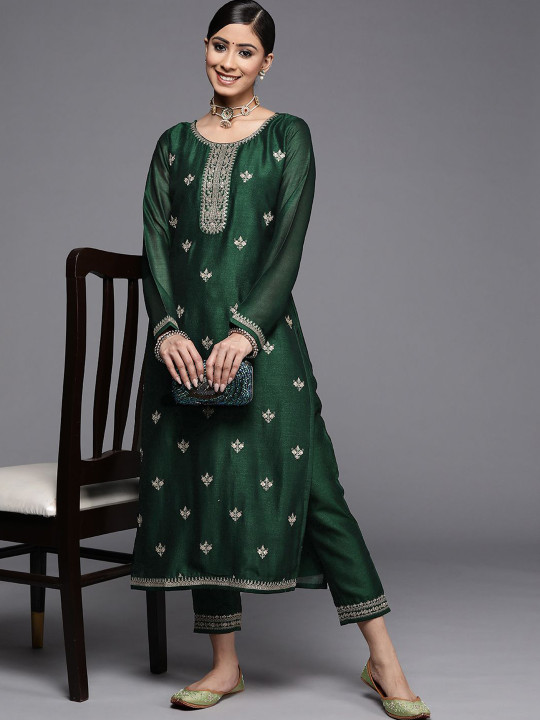 Libas - Women Ethnic Motifs Yoke Design Festive Silk Straight Kurta
