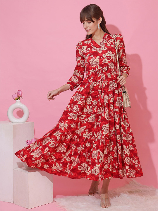 SHEETAL Associates - Floral Printed Puff Sleeves Fit & Flare Midi Dress
