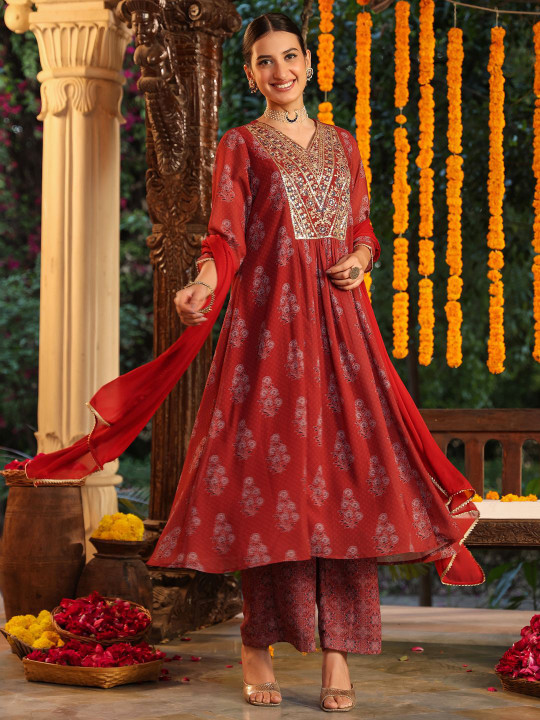 Janasya - Women Maroon Ethnic Motifs Self Design Sequinned Kurta with Palazzos & Dupatta Set