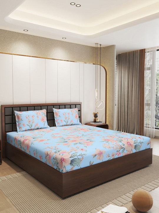 Status - Turquoise Blue Floral Microfiber 210TC Fitted Double Queen Bedsheet Set-1.98mx1.82m