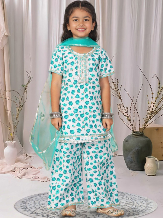 Cutiekins - Girls Floral Printed Gotta Patti Kurta with Palazzos & Dupatta