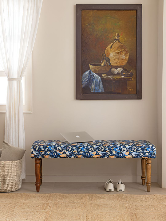 THEGASBH - Blue & Yellow Printed Wooden 3-Seater Rectangle Dining Bench