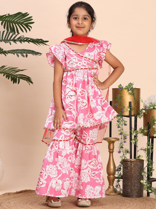 Cutiekins - Girls Floral Printed V-Neck Gotta Patti A-line Kurta with Sharara & Dupatta