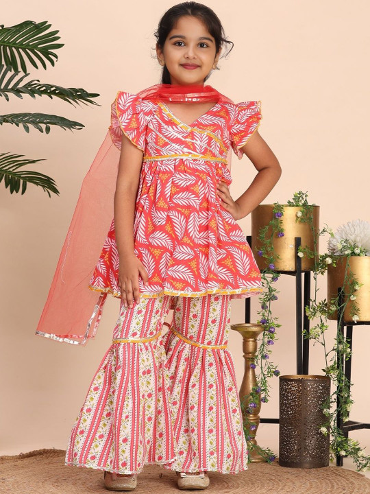 Cutiekins - Girls Floral Printed A-Line Kurta with Sharara & Dupatta