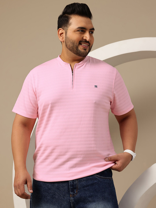 Sztori - Plus Size Self Striped Henley Neck T-shirt
