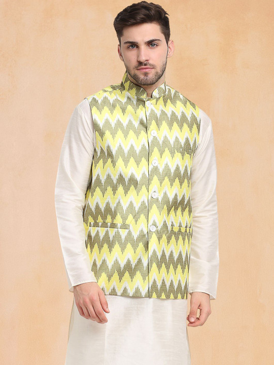 Jompers - Men Striped Mandarin Collar Nehru Jacket