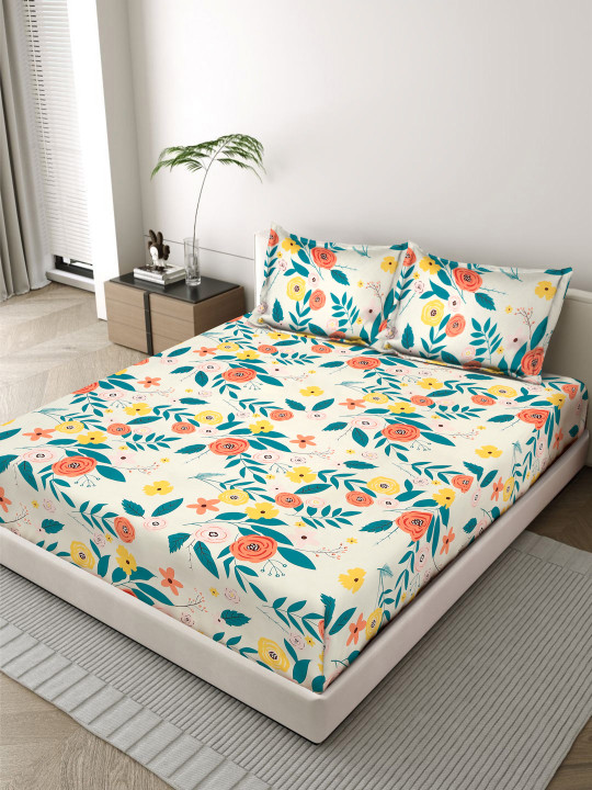 Status - Off White Floral 300 TC Bedsheet with 2 Pillow Covers