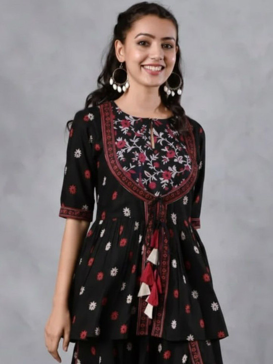 ANUTTARA FASHIONS - Floral Print Keyhole Neck Peplum Top