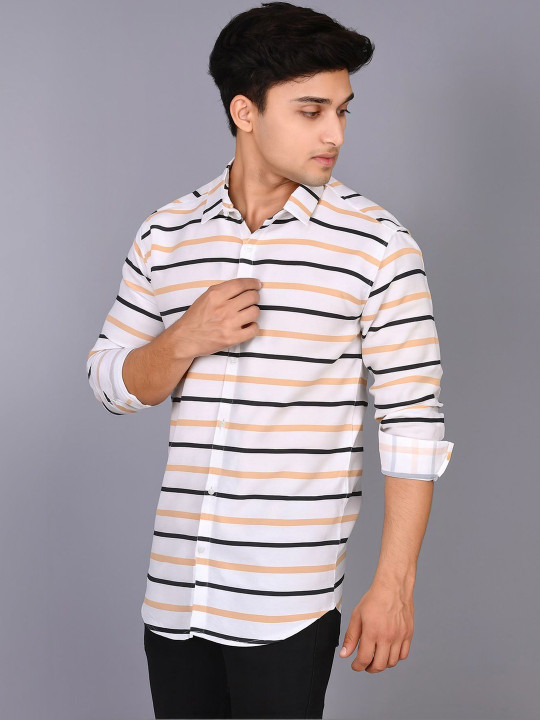 XENOR - Men Slim Fit Horizontal Stripes Casual Shirt